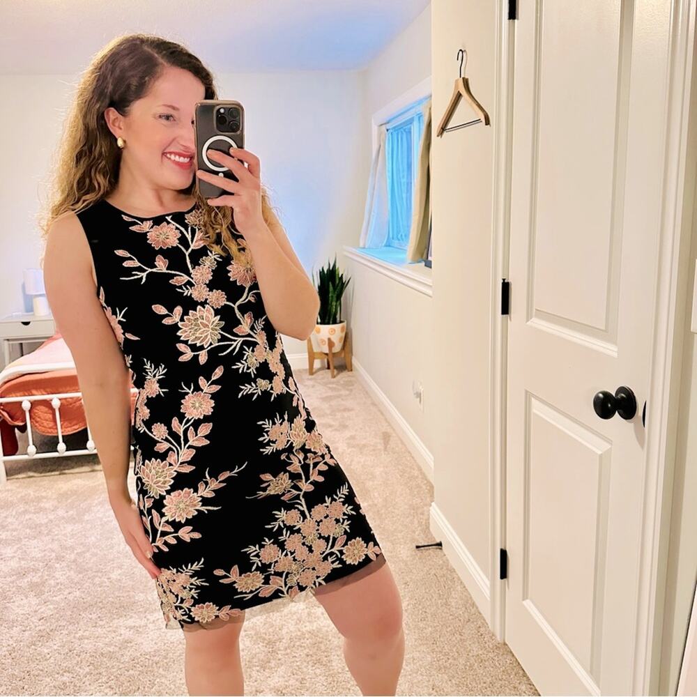 Jessica Howard Black Pink Gold Floral Embroidered Mini Dress 6 - Picture 1 of 10